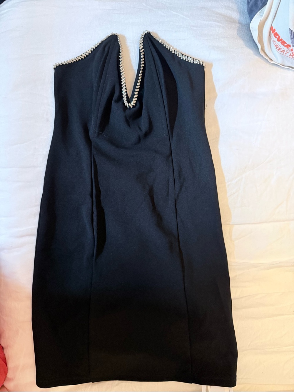 Commense Black Strapless Cocktail Dress with Beaded Trim